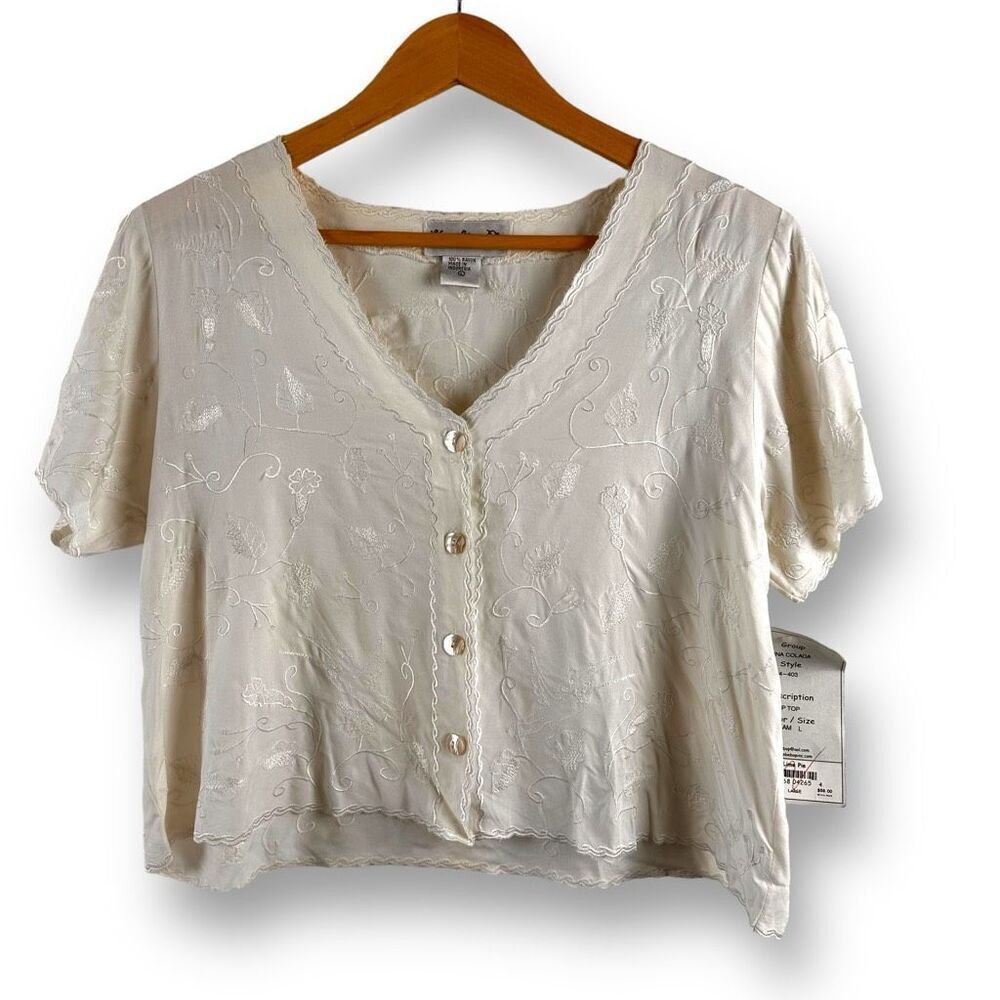 Key Lime Pie Women's L Boxy Button Front Crop Top Cream Embroidered Coquette New